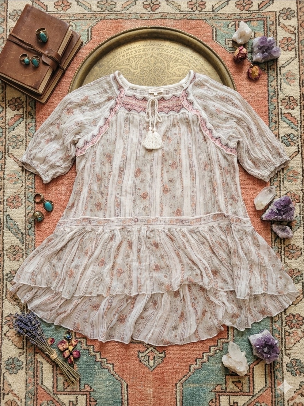 Free People Cream and Dusty Rose Floral Peasant Blouse